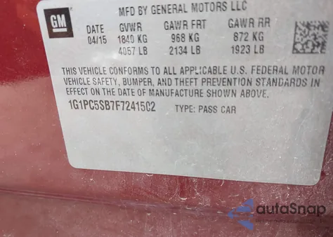 2015 Chevrolet Cruze 1Lt Auto из США, поврежденный, VIN 1G1PC5SB7F7241502